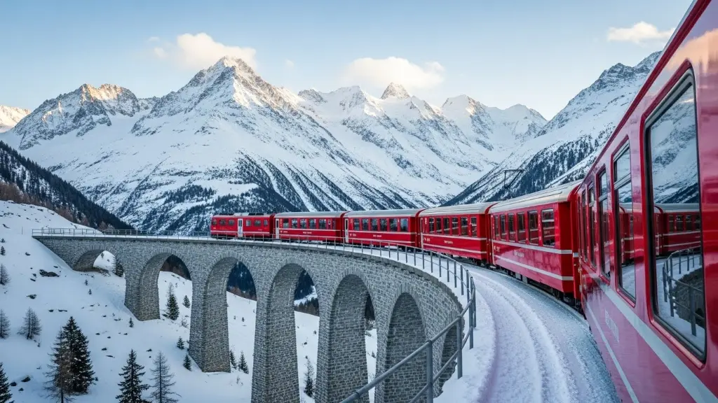 Red Bernina Express train on a snow‑covered viaduct with alpine peaks
