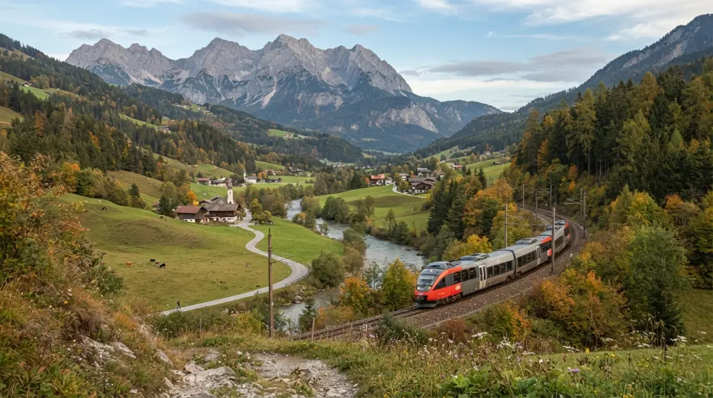Regional train traveling through an uncrowded, scenic European valley