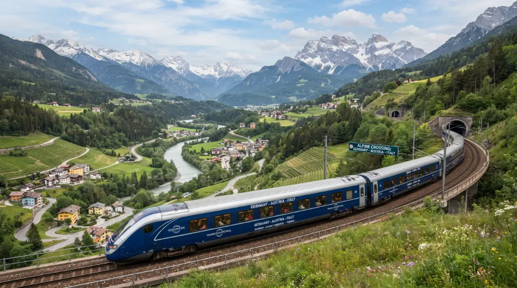 Scenic European train route through multiple countries