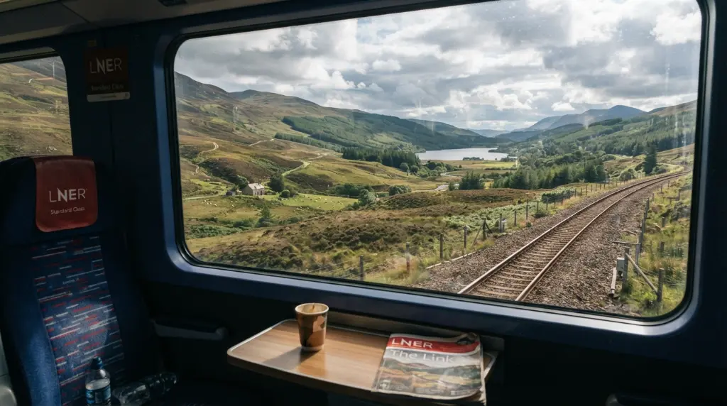 Scenic view of Scottish countryside from London to Edinburgh train