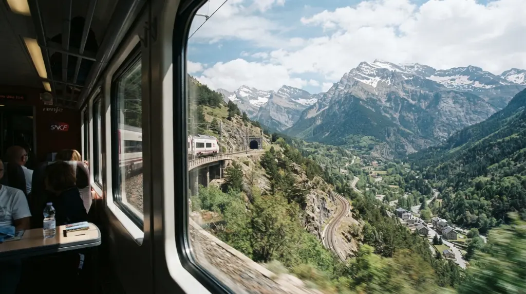 Scenic view of the Pyrenees mountains from a train traveling from Spain to France