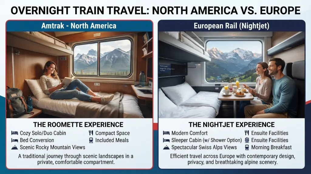 Side-by-side visual or graphic comparing Amtrak and European train features.