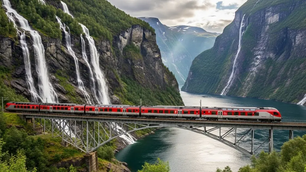 Train crossing a bridge over a fjord, waterfalls pouring down cliffs