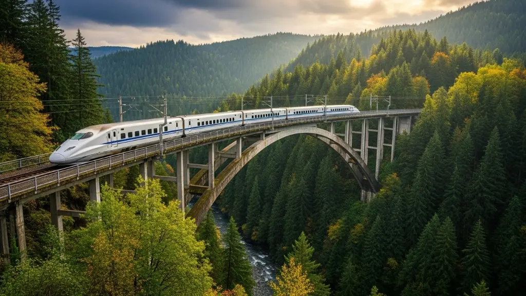 Train crossing a curved bridge surrounded by dense evergreen forest