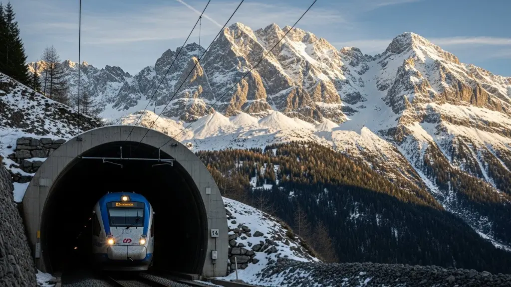 Train emerging from Arlberg Tunnel with snow‑capped peaks in background
