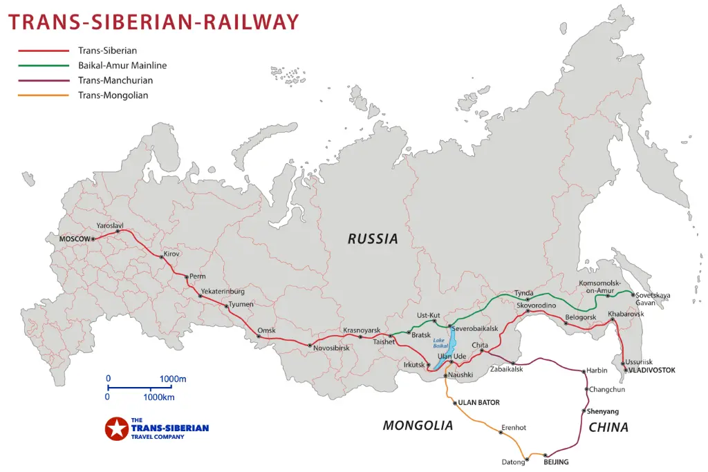 Trans-Siberian Railway route map showing branches