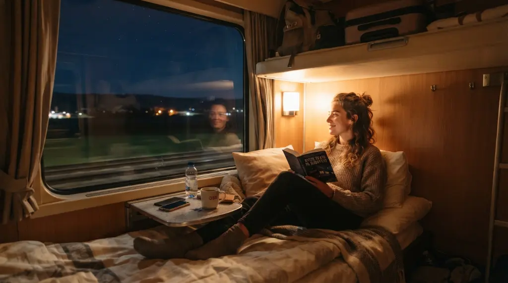 Traveler relaxing on European overnight train