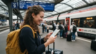 Traveler using the best European train booking app to plan a trip