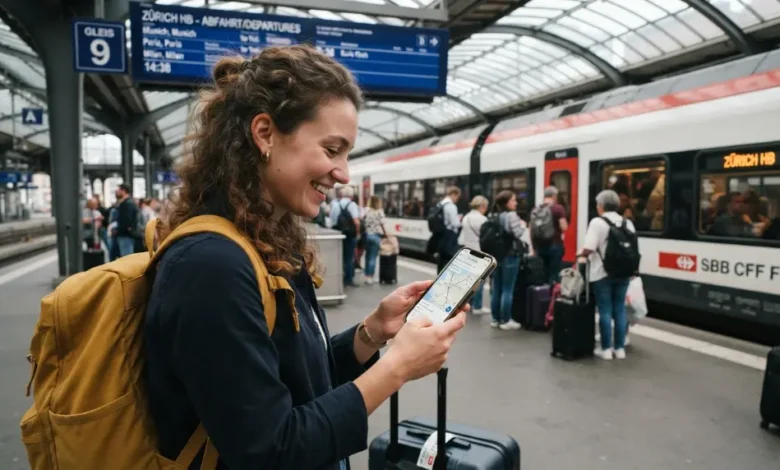 Traveler using the best European train booking app to plan a trip