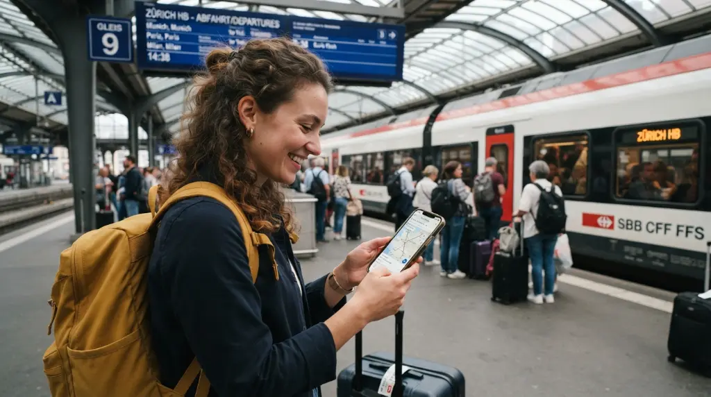 Traveler using the best European train booking app to plan a trip