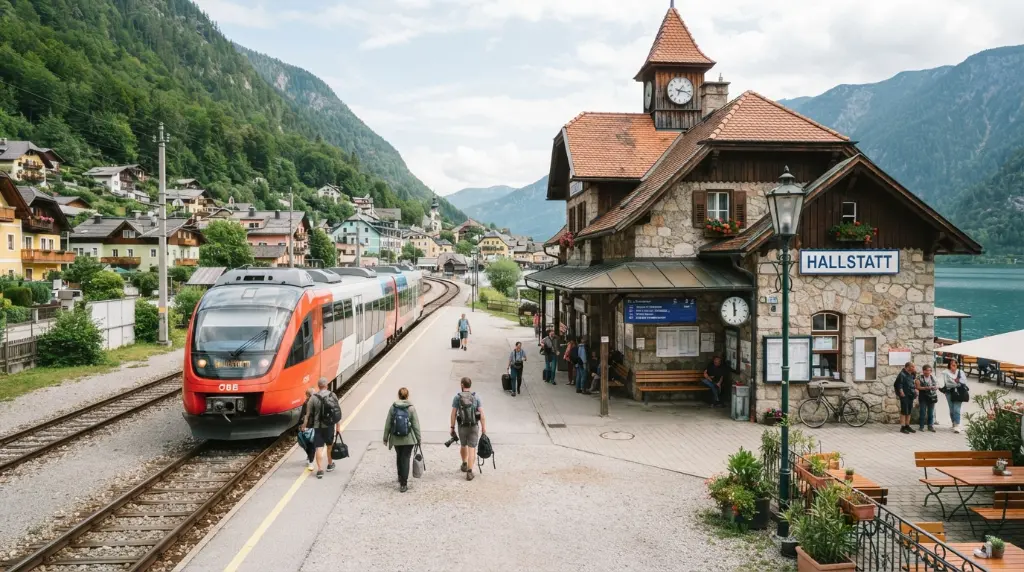 Travelers arriving at a charming, lesser-known European train station