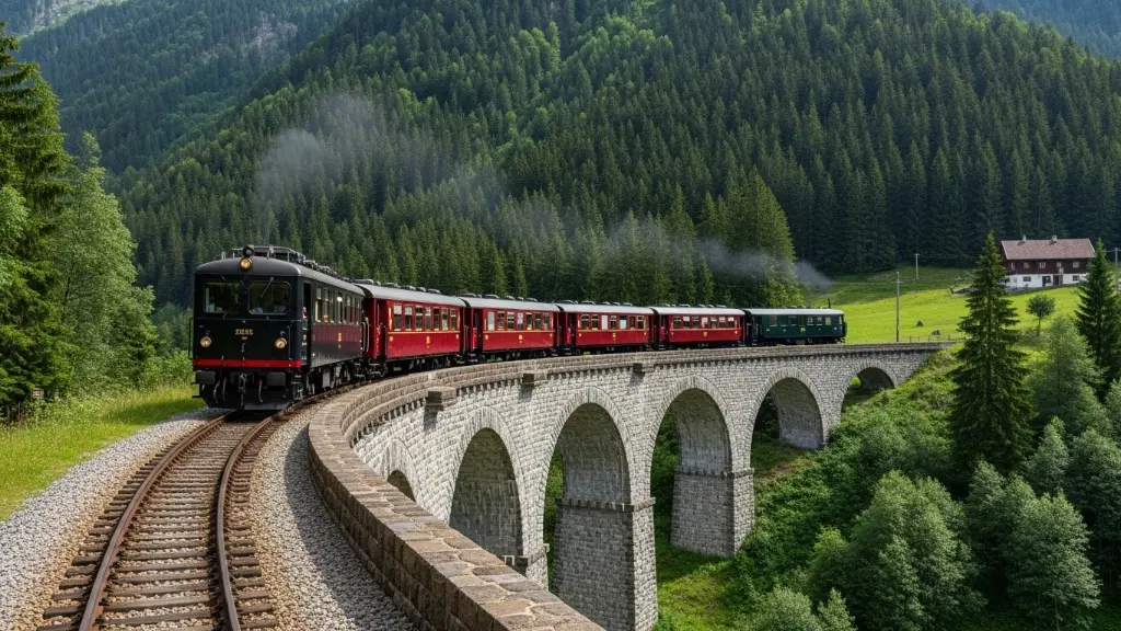 Vintage train crossing a historic stone viaduct in the Semmering Pass