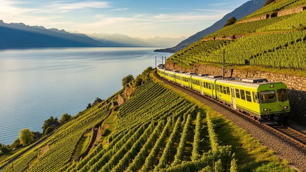 Yellow‑green train passing vineyards above Lake Geneva